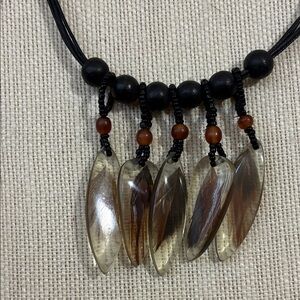 Vintage Black and Brown Beaded and feather acrylic bead Necklace
